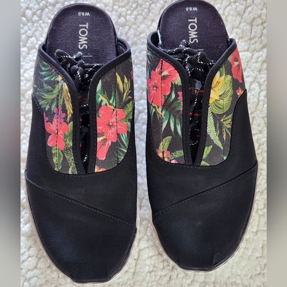 TOMS Black Floral Slip-On Shoes